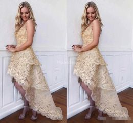 Gold Champagne Lace Homecoming Dresses High Low Tiered Beaded V Neck Sleeveless Tail Graduation Party Prom Gowns Custom Made