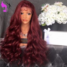 Long Bury wine red wigs natural brazilian body Wavy lace wig side part Synthetic Lace Front Wig for black Women Natural Hairline