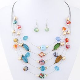 New Bohemia Fashion Jewellery Set Women's Colourful Crystal Tophus Shell Beads Layers Necklace With Dangle Earrings Lady's Set S128