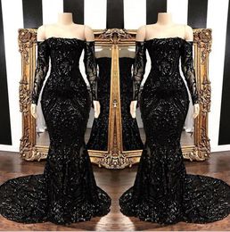 Black Off The Shoulder Mermaid Evening Party Dresses 2020 New Long Sleeve Sequined Lace Sweep Train Formal Prom Dresses BC1422