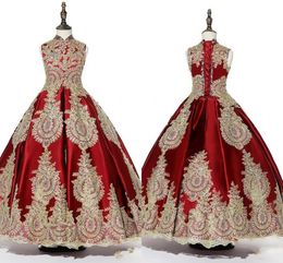 Red Gold Appliques Beaded Girls Pageant Dresses 2019 High Neck Lace-up Ball Gown Special Occasion Dress Toddler Party Prom Communion Gowns