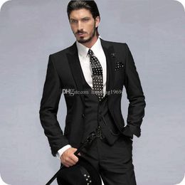 New Design One Button Black Groom Tuxedos Peak Lapel Groomsmen Mens Suits Wedding/Prom/Dinner Blazer (Jacket+Pants+Vest+Tie) K225
