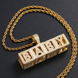 DIY Custom Name Necklace Gold Silver Colours CZ Ice Out Square Letter Pendant Men's Rock Street Necklace Dice Letter with Rope Chain