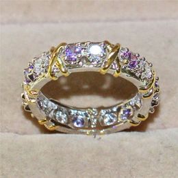 Lady's 925 Sterling Silver Purple Tanzanite Couple rings Yellow Gold Cross Eternal Band Wedding Ring for Women Jewellery size 5-10