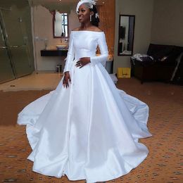 Simple South African Black Girls Wedding Dresses 2020 Long Sleeves Off Shoulder Draped Court Train Bridal Gowns Wedding Reception Party