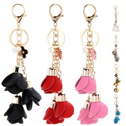 Rose Flower Keychains for Car Keys Key Chains Keyring Holder Fashion Pu Leather Key Ring Bag Hanging Hanger Gift for Lady Girls Women