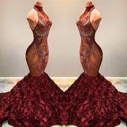 Mermaid Prom Bury Dresses Embroidery Halter Beaded Appliqued Handmade Flowers Custom Made Illusion Evening Party Gowns Vestido