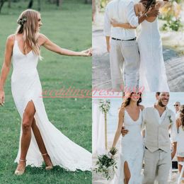 Sexy Split Lace Mermaid Wedding Dresses Straps Spaghetti Sheath Garden Arabia Bridal Gown Bride Dress Vestido de novia Custom Plus Size