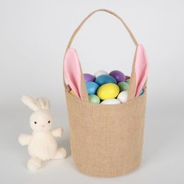 Jute Easter Bunny Tote,Cute Easter Rabbit Basket Round Canvas Gift Bag Cartoon Cute Bunny Tails Bucket Rabbit DIY Pail Buckets EEA1138-2