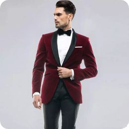 Velvet Groom Tuxedos Burgundy Men Wedding Tuxedos Black Lapel Popular Men Dinner/Darty Jacket Blazer Suit Custom Made(Jacket+Pants+Tie) 1120