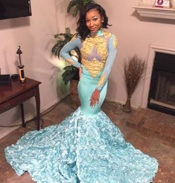 2019 Mint Blue Mermaid Prom Dresses Gold Lace Appliques High Neck Long Sleeves african Evening Gowns 3D Floral Formal Party Dress