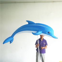 City Themed Parade Props Hand-held Walking Inflatable Dolphin Balloon 2m Blue Simulated Sea Animal Dolphin For Party Decoration