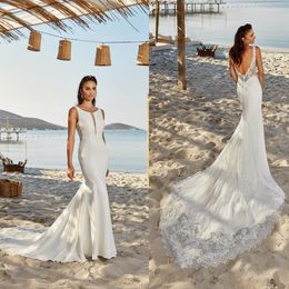Eddy K 2021 Wedding Dresses Jewel Sleeveless Open Back Bridal Gowns Custom Made Appliques Lace Satin Sweep Train Mermaid Robe De Soiree