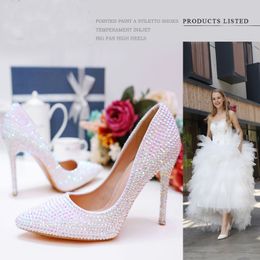 Luxurious White AB Crystal Wedding High Heels Pointed Toe 3 Inches Stiletto Heel Banquet Party Pumps Graduation Prom Shoes