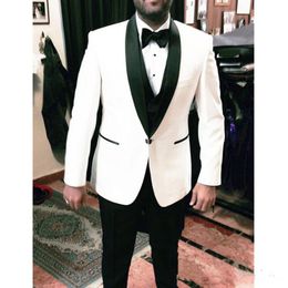 New High Quality One Button Ivory Groom Tuxedos Shawl Lapel Groomsmen Best Man Suits Mens Wedding Suits (Jacket+Pants+Vest+Tie) 854