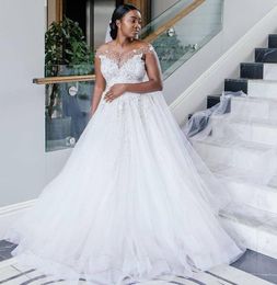 African Plus Size Wedding Dresses Off The Shoulder Sheer Neckline Formal Wedding Gowns Tulle Beads Appliques Bridal Dress Vestidos De Festa