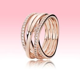 authentic 925 Silver Wedding Rings Women Girls Jewelry with Original box for Pandora 18K Rose gold Sparkling Polished Lines Ring set