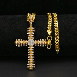 Wholesale- Bling Bling Cross Pendant Cuban Chain European And American Fashion Brand Iced Out Jewelry Gold Plated Alloy Zircon Pendant