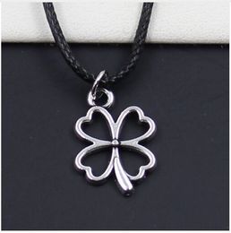 free ship 20pcs/lot Antique silver lucky four Leaf Clover Choker Charms Black Leather Necklace DIY