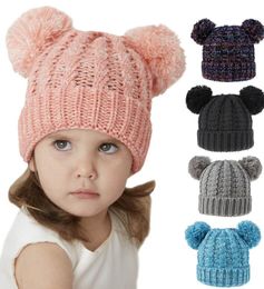 2019 new design Kid Knit warm beanie hat Crochet Beanies cap Girls Soft Double Ball pom cap Winter Warm ski sports Hat