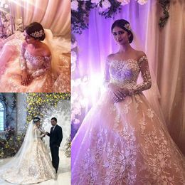 Floral A Line Wedding Dresses Off-shoulder Long Sleeve Full Applique Lace Wedding Gowns Sweep Train Tulle Cheap Vestidos De Novia