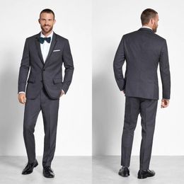 Grey Tweed Handsome Wedding Tuxedos Satin Black Notched Lapel Mens Suit Formal Prom Groom Wear Clothing (Jacket+Pants)