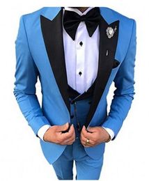 Fashion Blue Groom Tuxedos Black Peak Lapel Slim Fit Groomsman Wedding Tuxedos Men Prom Jacket Blazer 3 Piece Suit(Jacket+Pants+Tie+Vest) 20