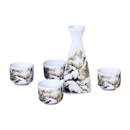 Elegant Japanese Sake Set Porcelain Wine Drinkware Bottle & Cup Gift Traditional Chinese Landscape Painting Winter Mountain and Pine Trees