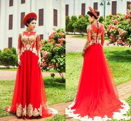 2020 Modest Red Tulle A Vestidos de linha com Applique estilo chinês colarinho alto mangas compridas Prom Vestidos de Festa Vestidos Formais
