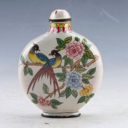China Cloisonne Hand-painted Bird & Flower Snuff Bottles w Qianlong Mark