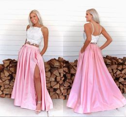 2020 Charming White Pink Prom Homecoming Dresses Spaghetti Square Lace Beaded Bridesmaid Evening Elegant Formal Dress With Pocket Graduation