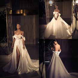 2019 Elihav Sasson Country Wedding Dresses A Line V Neck Off The Shoulder Side Split Vestidos De Novia Satin Sweep Train Bridal Gowns