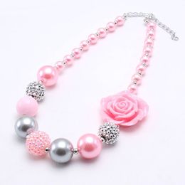 Pink Style Girls Kids Chunky Beads Necklace With Rose Flower Child Bubblegum Beaded Necklace Fashion Chunky Jewelry