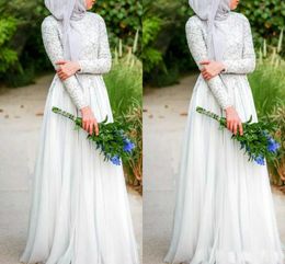 Muslim Wedding Dresses imple Pure White Beaded Crystal High Neckline Long Sleeve Chiffon 2019 Islamic Wedding Dresses