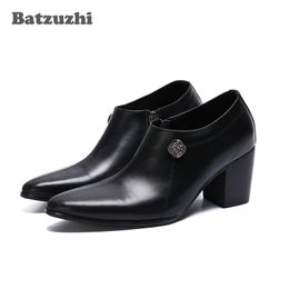 Batzuzhi 7.5CM High Heel Men Boots Pointed Toe Black Genuine Leather Ankle Boots Men Party and Wedding Footwear Zapatos Hombre