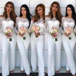 Sexy Cheap White Off Shoulder Jumpsuit Lace Bridesmaid Dresses For Weddings Pants Suits Mermaid Long Sleeves Lace Sheath Maid of Honor Gowns