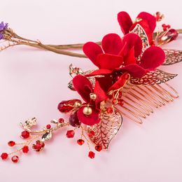 Wholesale- Red Flower Hair Comb Wedding Prom Hair Accessories Gold Leaf Bridal Combs Headwear Women Jewellery