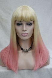 Ombre blonde to pink long straight women's full wig with Bangs Wigs