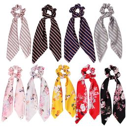 Girls Vintage Big Bow Elastic knot Ribbon Scrunchies Print Fabric Hair Ties Hair Holder Satin Hairbands Hair Accessories