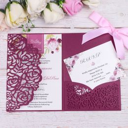 New Elegant 3 Folds Burgundy Invitations Cards With Pink Ribbons For Wedding Bridal Shower Engagement Birthday Graduation Party Inviting