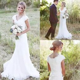 New Elegant Country Lace Wedding Dresses V Neck Cap Sleeve Modest Wedding Bridal Gowns Boho Beach Wedding Dress Covered Button Cheap