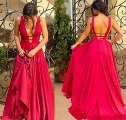 2019 Simple fuchsia sexy Prom Dresses Sexy Deep V Neck Evening Gowns Backless with straps Floor Length Cheap Cocktail Party Dress