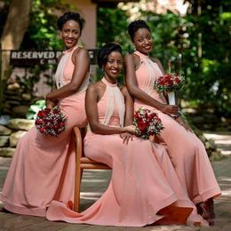 Style Halter Long Nigeria Bridesmaid Dresses with Whitetassels Zipper Back Chiffon Floor Length Maid of Honour Gowns for Wedding Custom Made