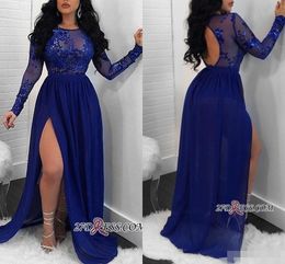 Royal Blue Long Sleeves Prom Dresses Lace Applique Sequins A Line Side Slit Chiffon Illusion Sexy Hollow Back Plus Size Evening Gown 403 403