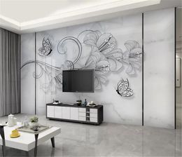 Nordic minimalist creative hand-painted flowers butterfly jazz white marble pattern wall 3d wallpaper