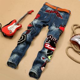 Personality Embroidery Beauty Badge Patch Jeans Men Ripped Jeans Fashion Brand Biker Hip Hop Denim Slim Fit Casual Pants112663