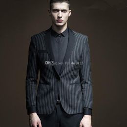 Handsome One Button Black with Strips Wedding Groom Tuxedos Notch Lapel Groomsmen Men Suits Prom Blazer (Jacket+Pants+Tie) NO:1889