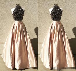 Two Piece Prom Dresses Beaded Black Top Champagne Satin Custom Made Plus Size Floor Length Long Evening Party Gowns