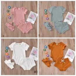 Kids Clothes Baby Solid Cotton Clothing Sets Boys Girls Summer Short Sleeve Top Shorts Headband Suits Children Casual T Shirt Pants YP873