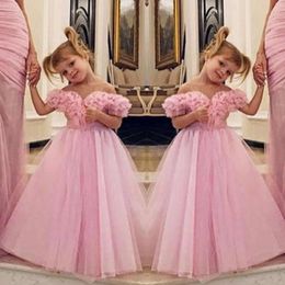 Lovely Pink Off Shoulder Flower Girl Dresses For Wedding Ruffles Tulle A Line Girls Pageant Gowns Floor Length Baby Birthday Party Dress